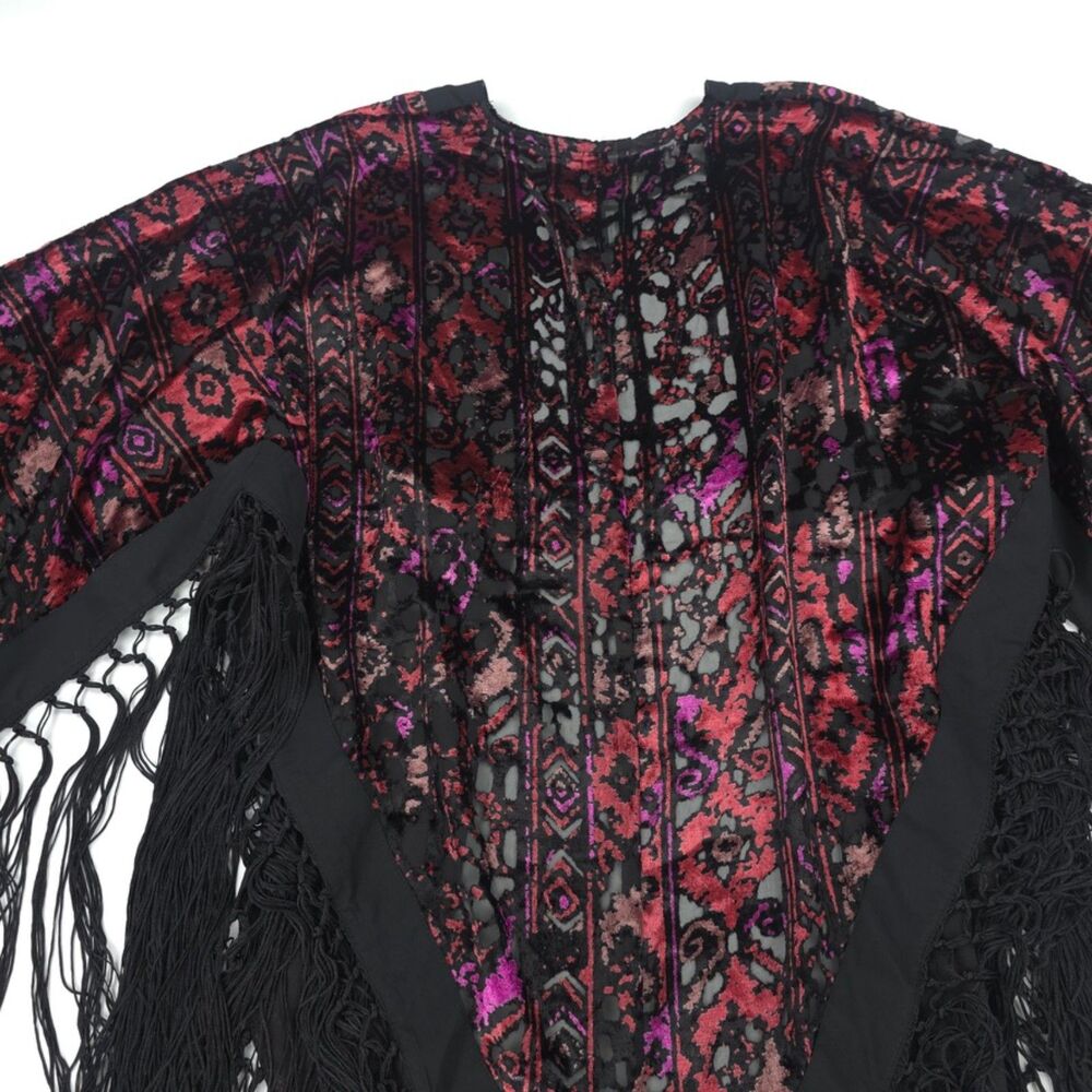 IDYLLWIND Dean Ikat Velvet Rocket Kimono Black Fringe Artsy Beachy Western Boho - Picture 8 of 11
